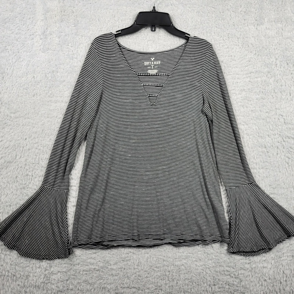 American Eagle Bell Sleeve Top Women Small Black White Striped Soft Sexy V-Neck